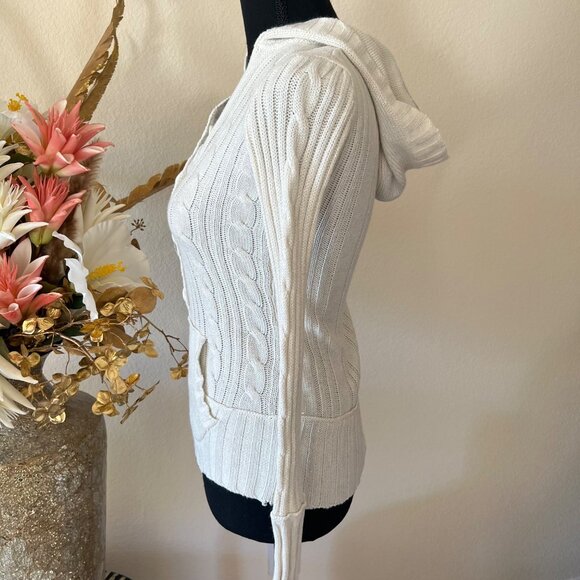 Justice Y2K Cable Knit Hooded Button Up Glitter Thread Ivory Cream Sweater XS - Picture 4 of 8